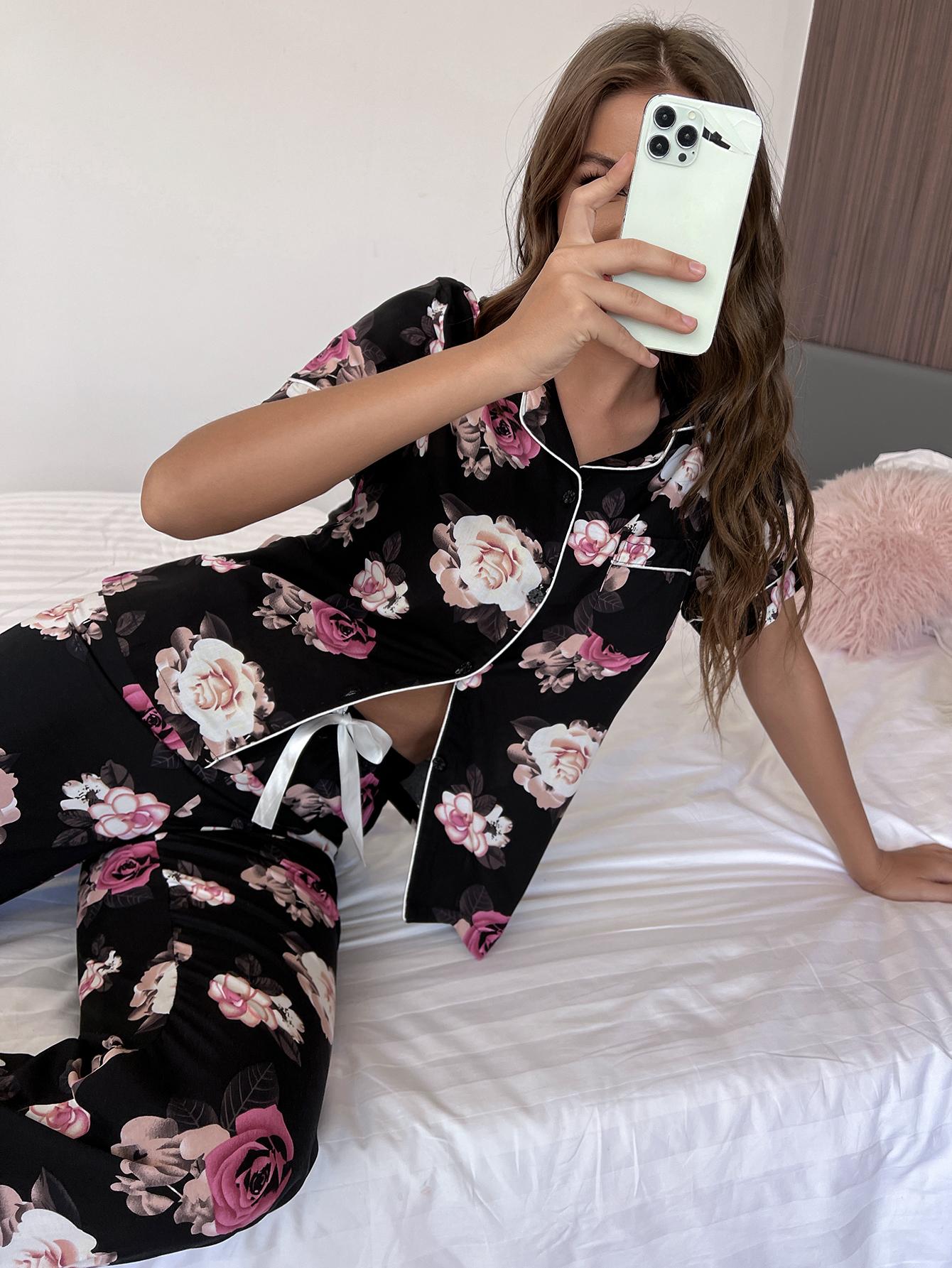 Floral Short Sleeve Shirt and Pants Lounge Set