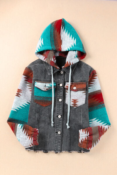 Drawstring Hooded Pocketed Denim Jacket