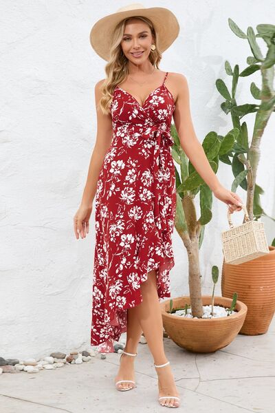 High-Low Tie Waist Printed Cami Dress