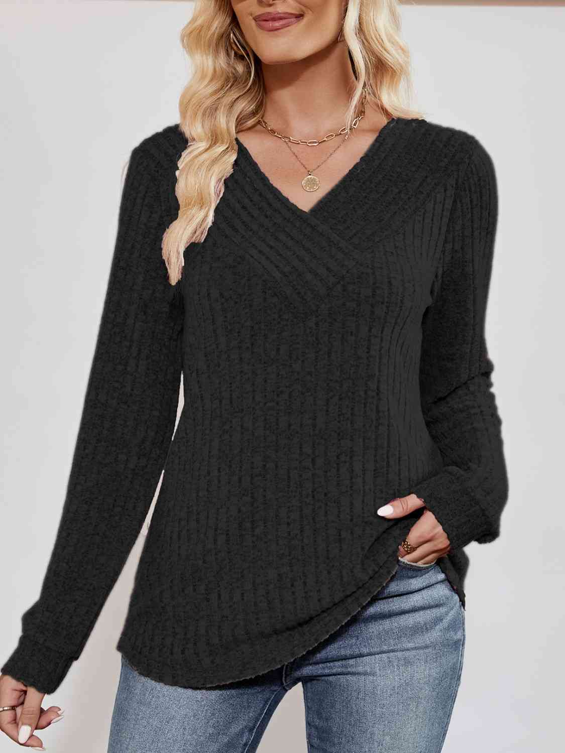 V-Neck Ribbed Long Sleeve Top