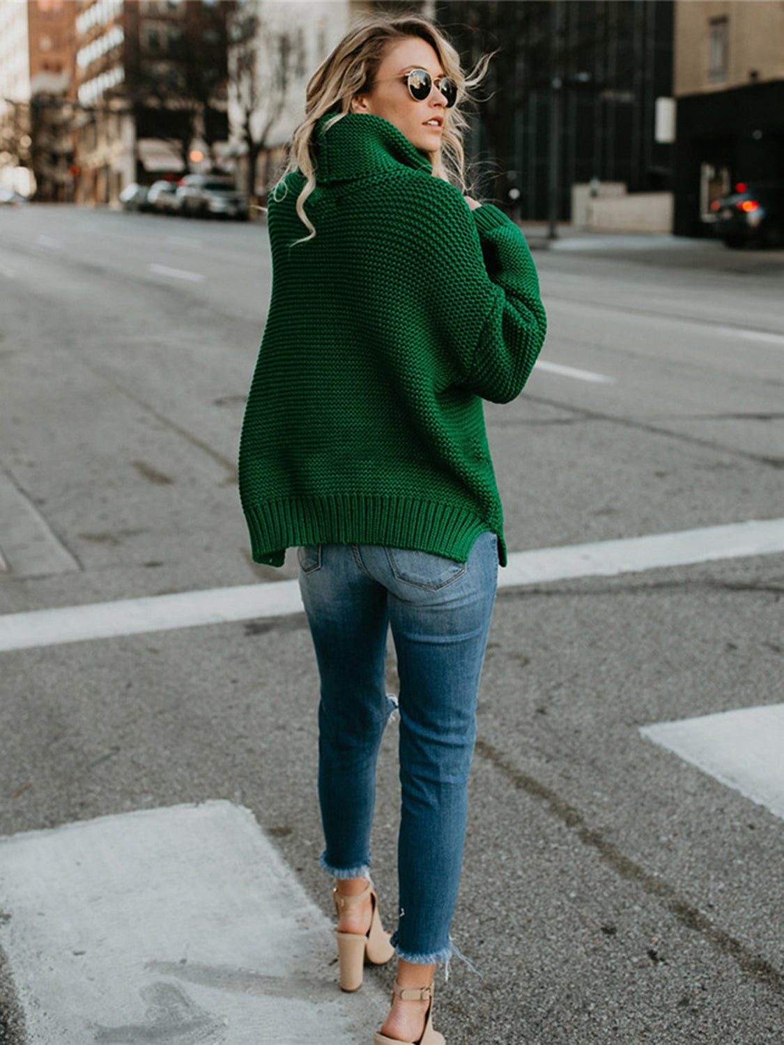 Turtleneck Dropped Shoulder Slit Sweater