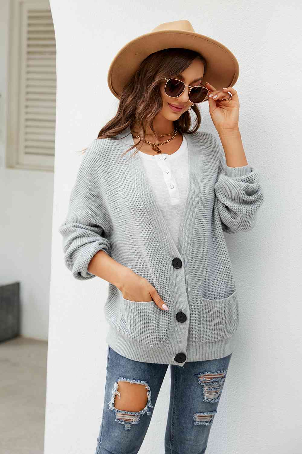 Button Up Drop Shoulder Long Sleeve Cardigan