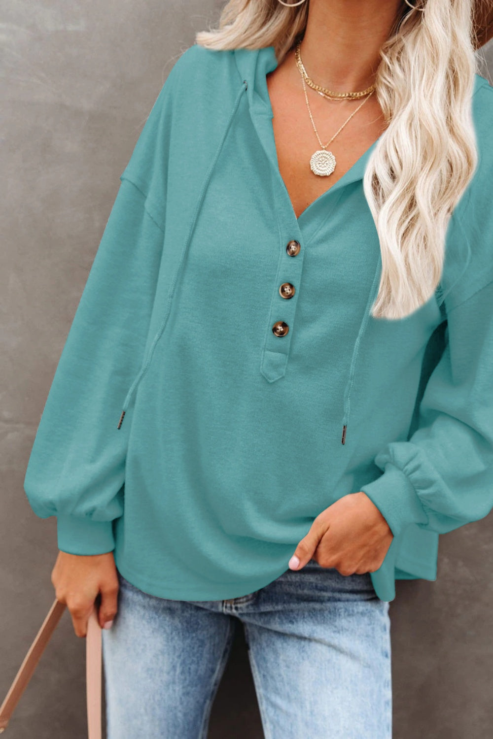 Buttoned Drop Shoulder Hoodie