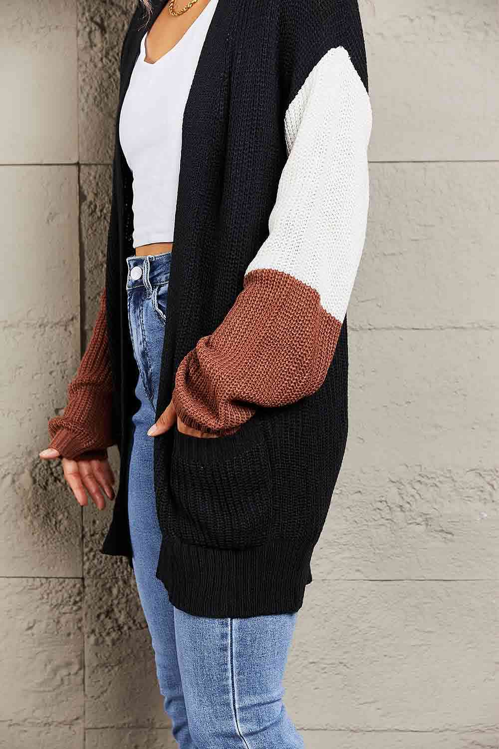 Double Take Tricolor Dropped Shoulder Cardigan with Pockets