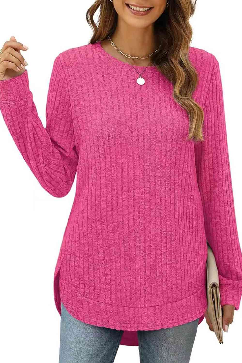 Ribbed Round Neck Long Sleeve T-Shirt