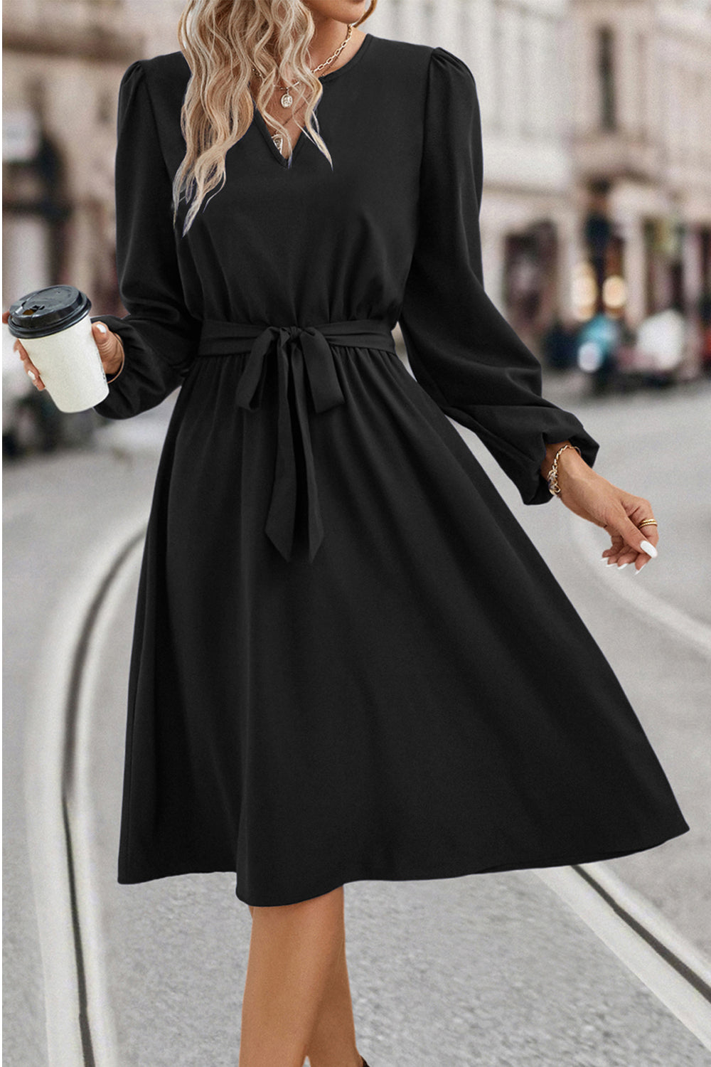 Tie Waist Notched Neck Long Sleeve Dress