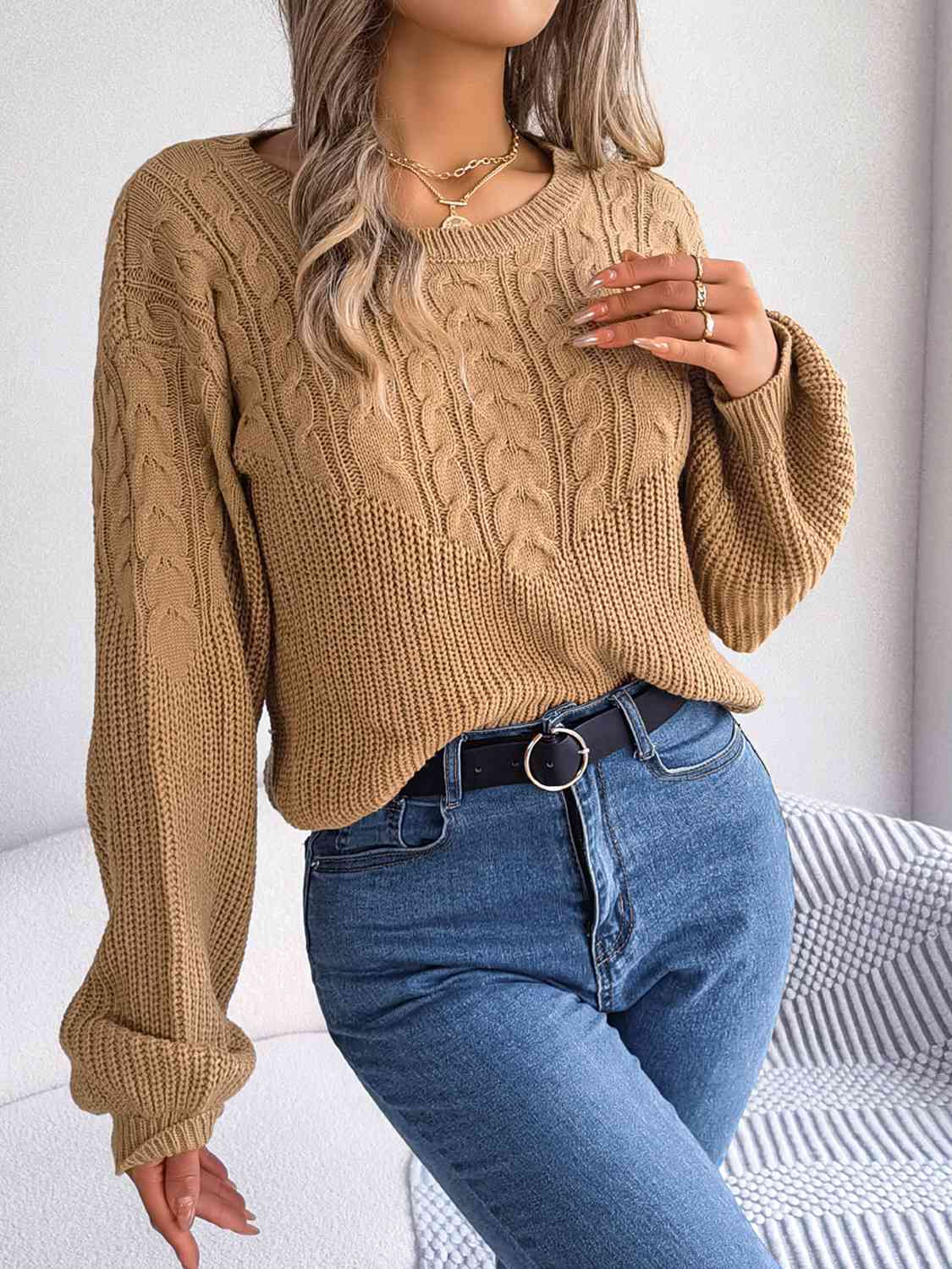 Cable-Knit Round Neck Drop Shoulder Sweater