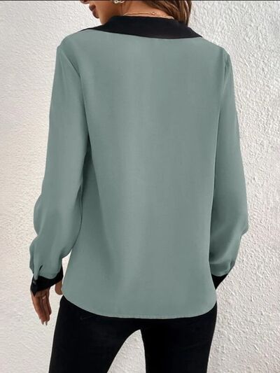 Contrast Trim V-Neck Long Sleeve Blouse