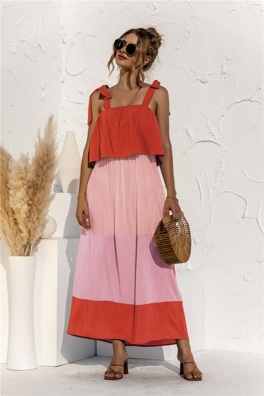 Color Block Tie Shoulder Tiered Sleeveless Dress