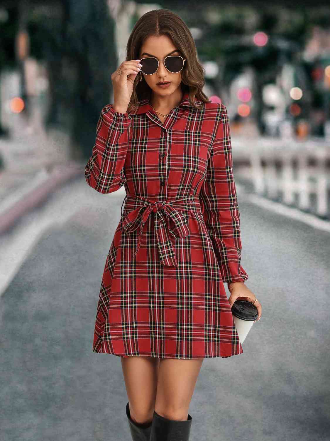 Plaid Tie Front Collared Neck Long Sleeve Dress