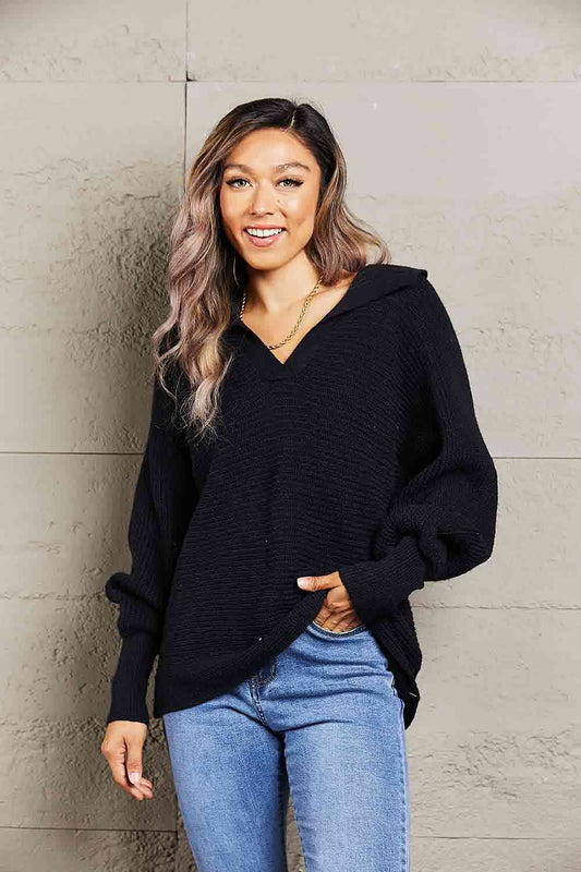 Double Take Horizontal Ribbing Johnny Collar Sweater