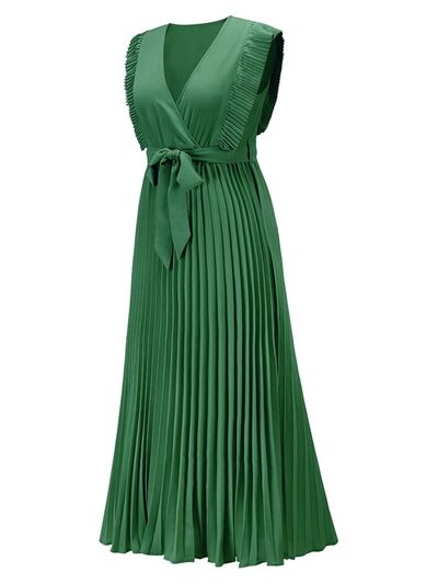 Tied Surplice Cap Sleeve Pleated Dress