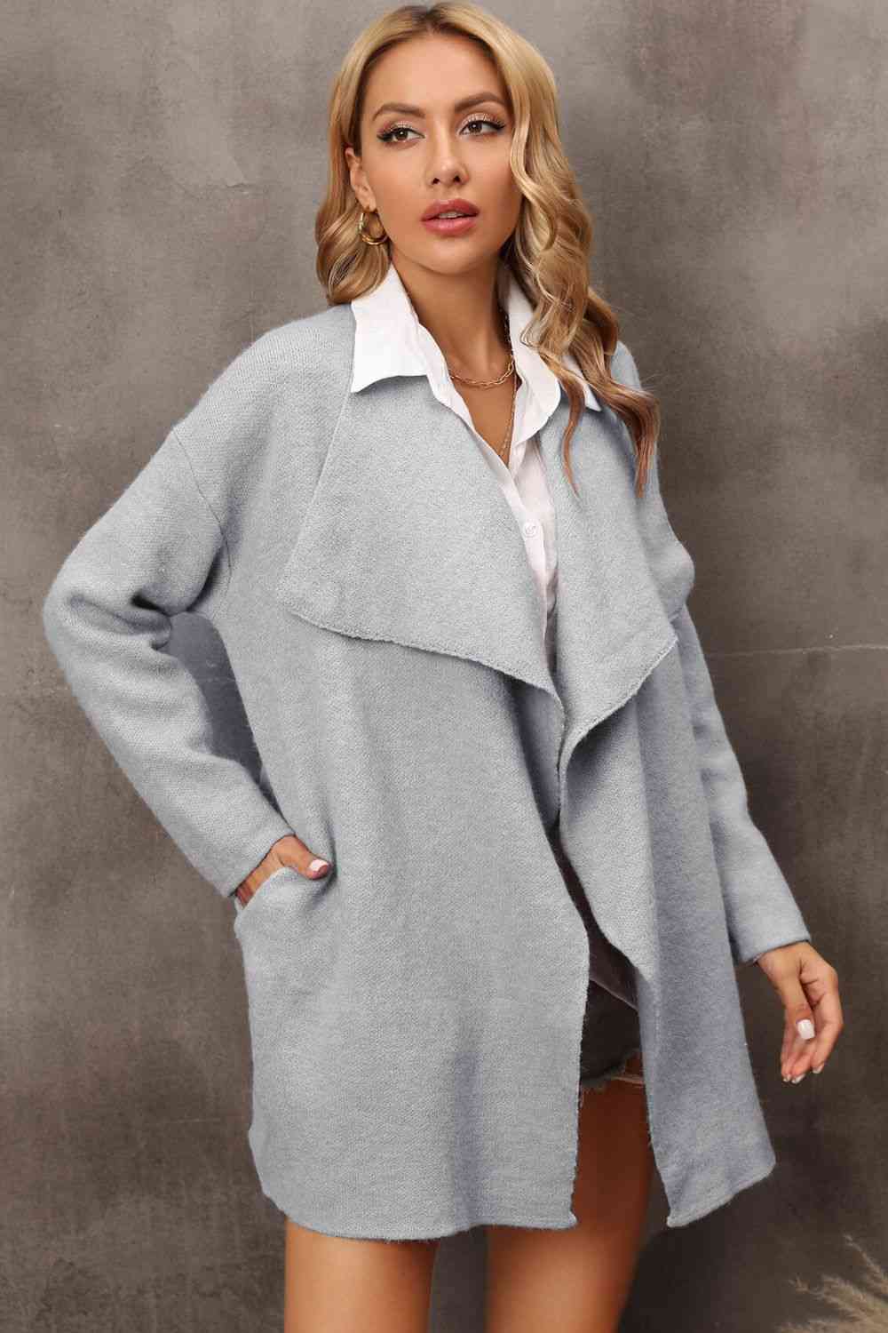 Waterfall Collar Longline Cardigan with Side Pockets