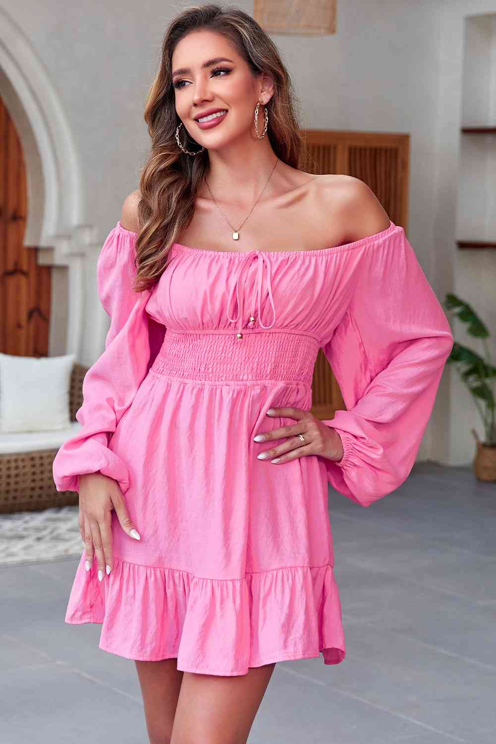 Smocked Balloon Sleeve Off-Shoulder Mini Dress