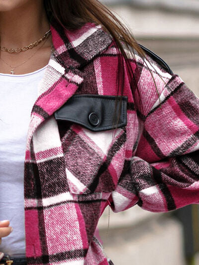 Pocketed Plaid Button Up Dropped Shoulder Shacket