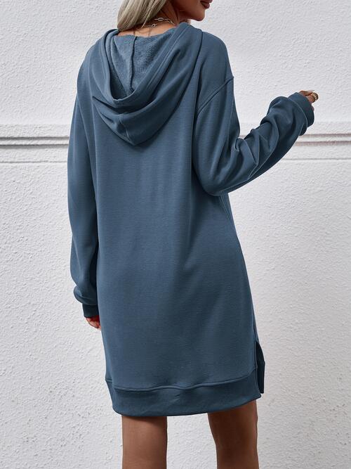 Slit Long Sleeve Hooded Dress with Pocket