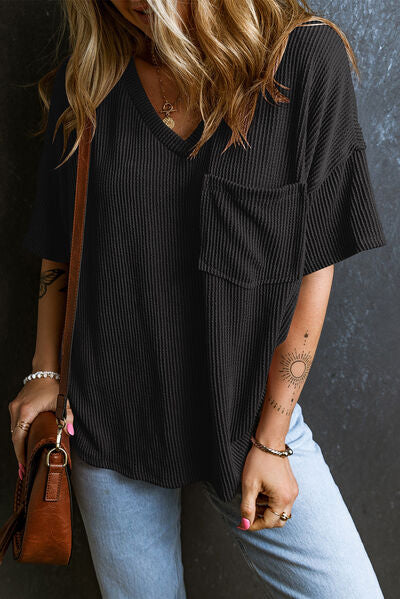 Textured V-Neck Dropped Shoulder T-Shirt